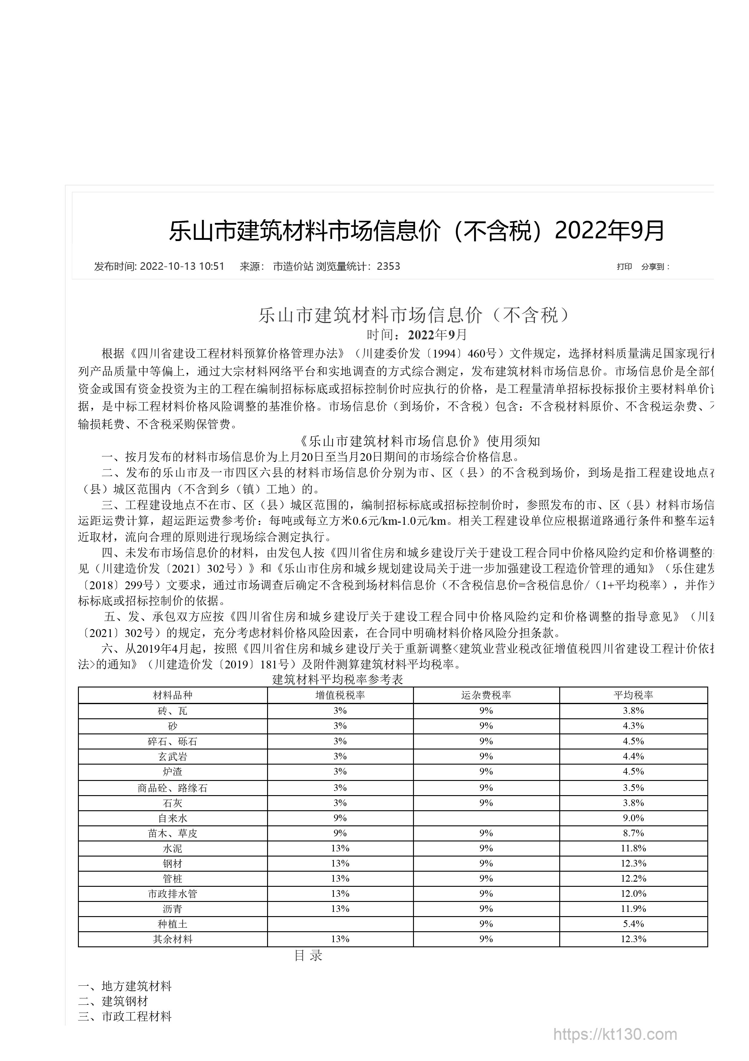 四川省乐山市2022年9月份建筑材料平均税率参考表行情